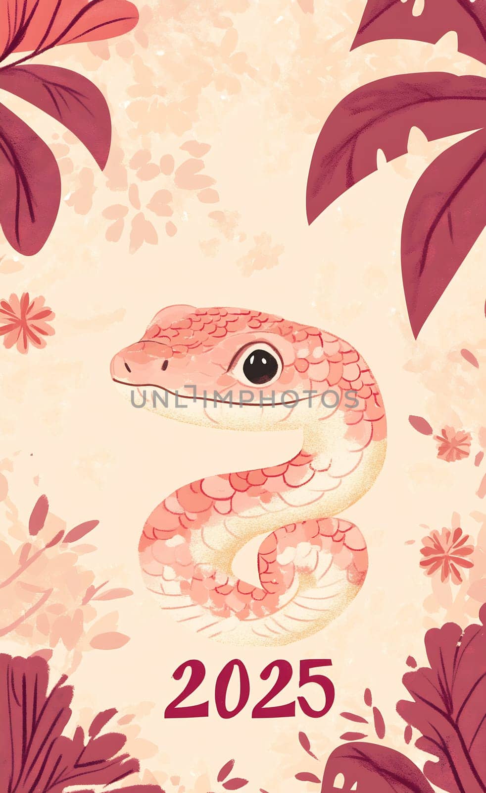 The artwork features a charming pink snake coiled among vibrant tropical foliage and flowers, symbolizing the year 2025.