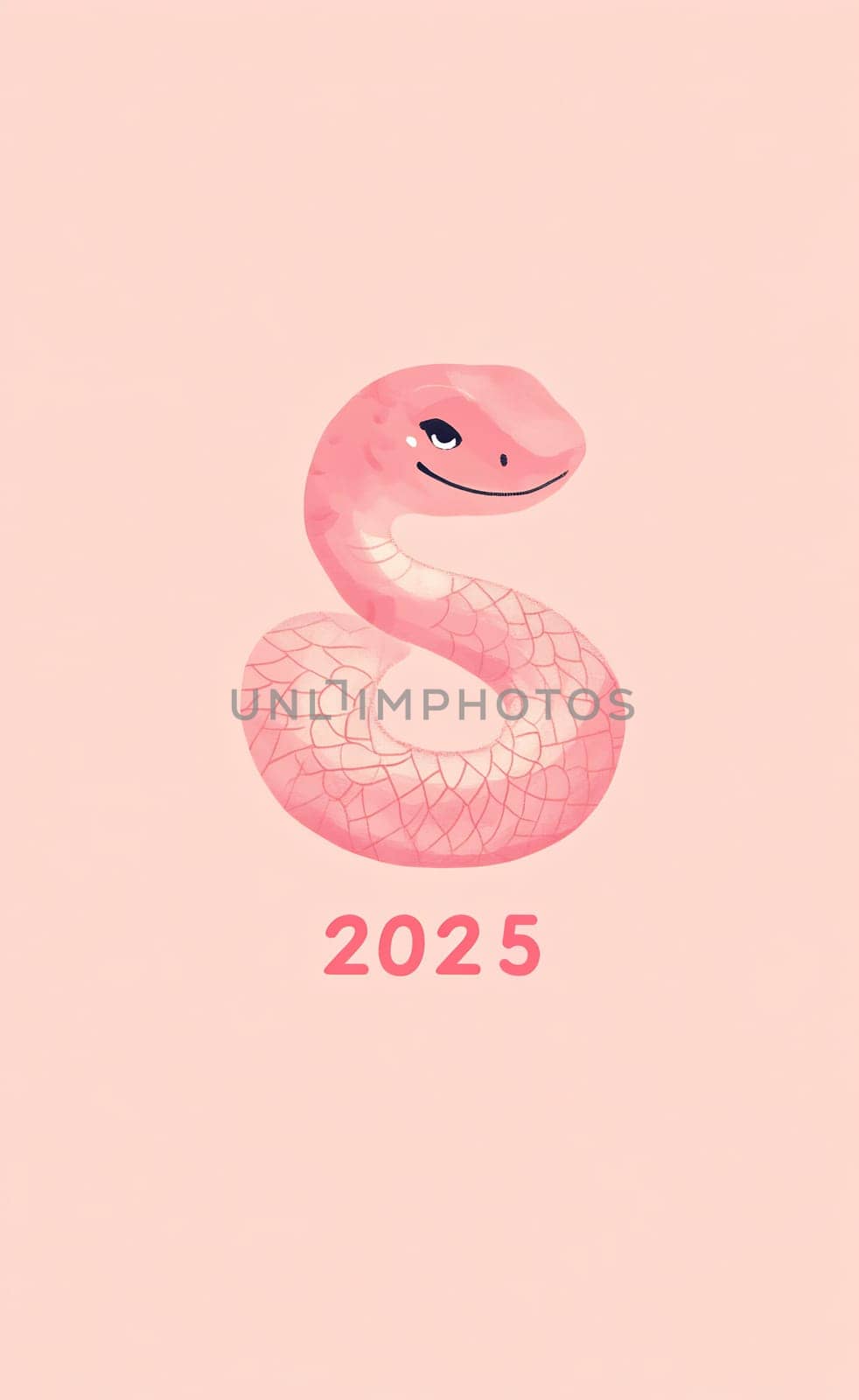 A whimsical pink snake curves elegantly, featuring a cheerful expression, with the year 2025 below in a simple font.