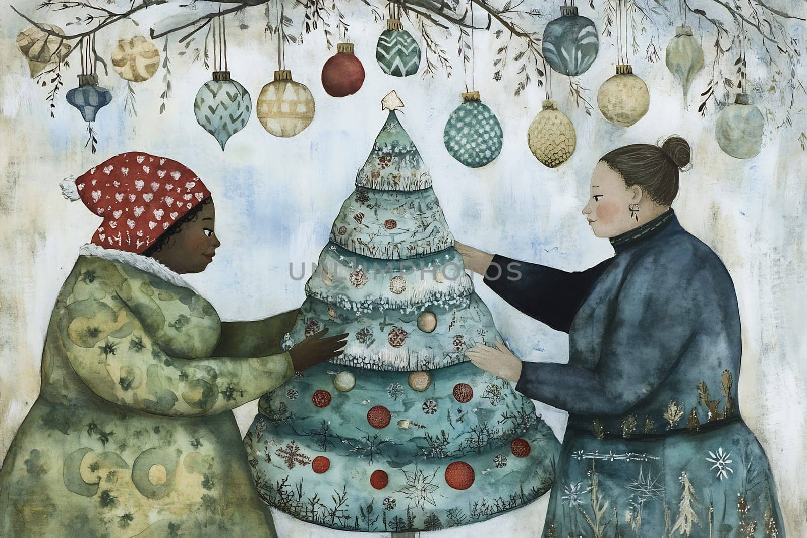 Two women joyfully hang ornaments on a beautifully decorated Christmas tree, celebrating the spirit of the holiday season together.