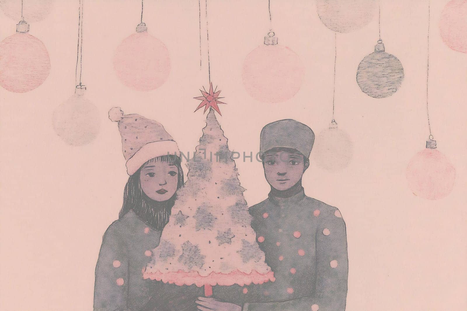 The couple displays a small Christmas tree adorned with ornaments, set against a warm pastel background filled with holiday decorations.
