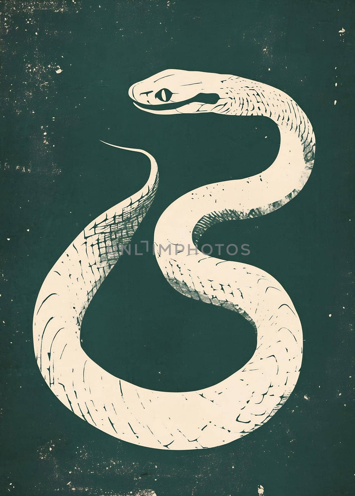 A striking depiction of a snake elegantly coiling against a deep green backdrop, showcasing a minimalist art style that emphasizes form.