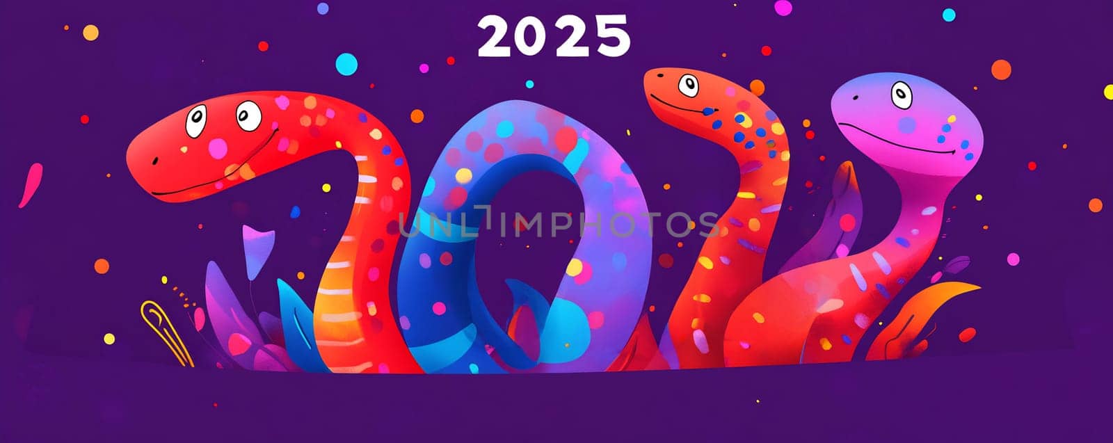 Three cartoon snakes in bright colors promote a joyful New Year 2025 celebration with playful designs and lively decorations.
