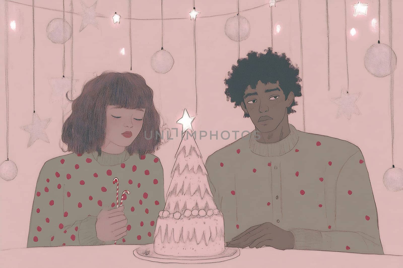 Two individuals sit together at a table, enjoying a festive atmosphere with a decorated cake and holiday decorations around them.