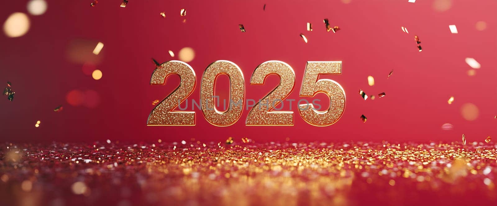 The bright 2025 numbers glimmer as confetti rains down, creating a joyful atmosphere on a festive red backdrop.