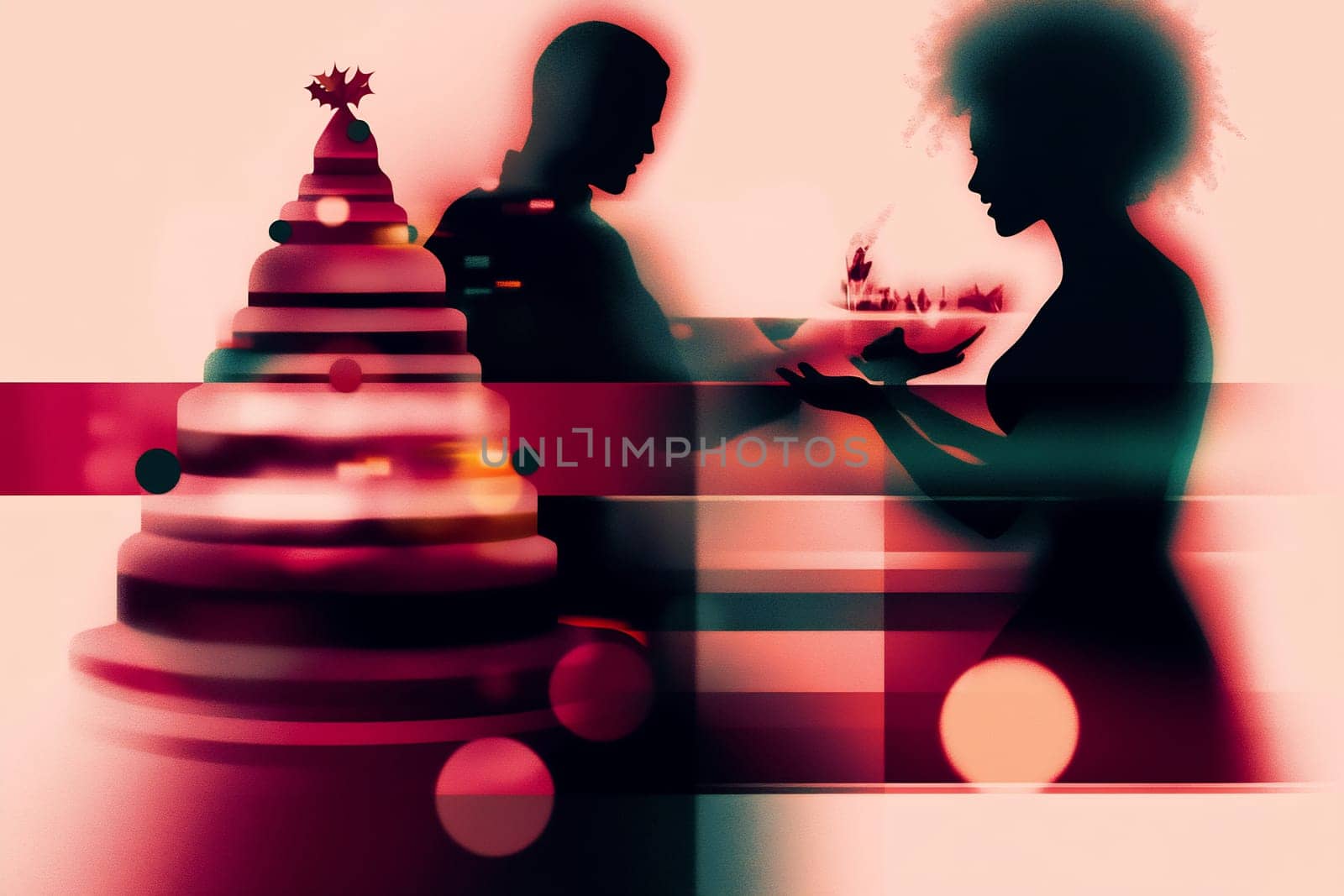 A couple exchanges gifts in a warm atmosphere filled with holiday decorations and a Christmas tree in the background.