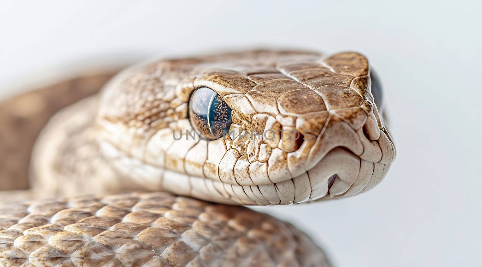 A striking snake displays intricate scales and vibrant eyes, focused on its facial features against a soft, neutral background.