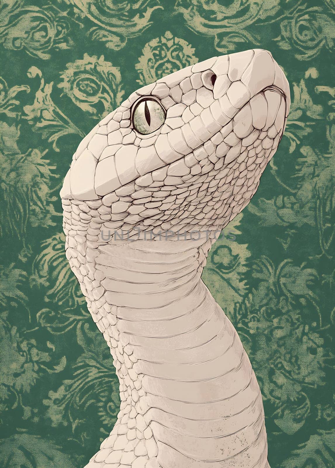The artwork showcases a snake with intricate scales, poised against a beautifully patterned green backdrop, evoking a sense of elegance.
