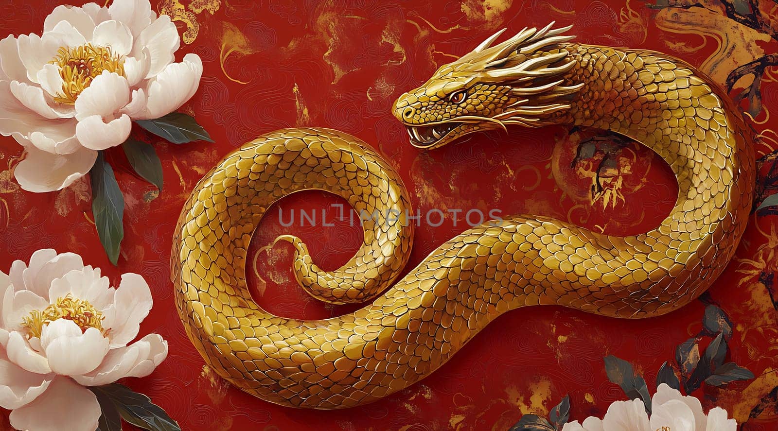 A golden dragon coils around elegant white peonies, set against a vivid red background, showcasing rich cultural artistry and tradition.