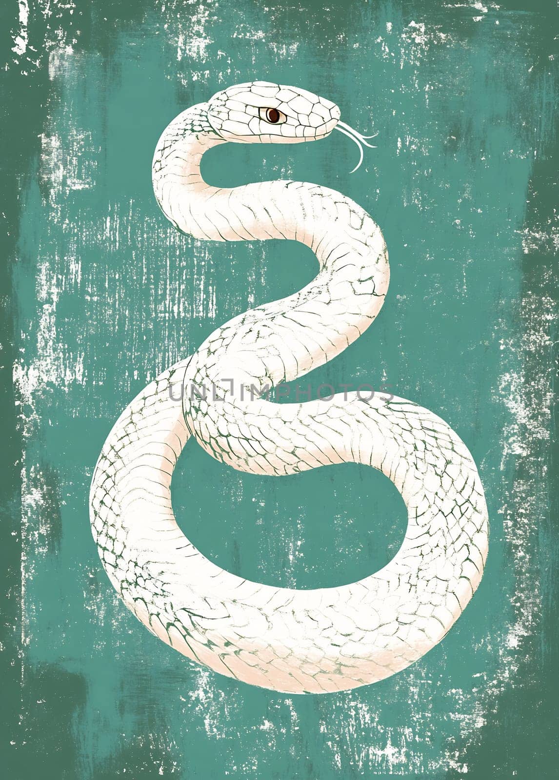 This artwork features a white snake gracefully coiling against a textured turquoise backdrop, showcasing its intricate scale patterns.