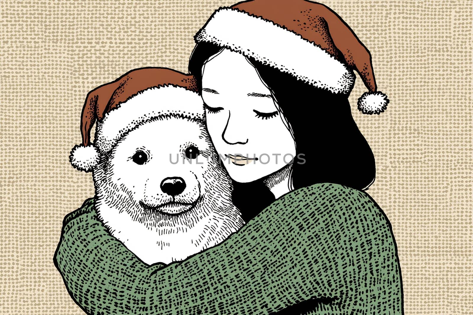 A girl warmly embraces her fluffy dog dressed in a Santa hat, celebrating the joyful holiday spirit with love and companionship.