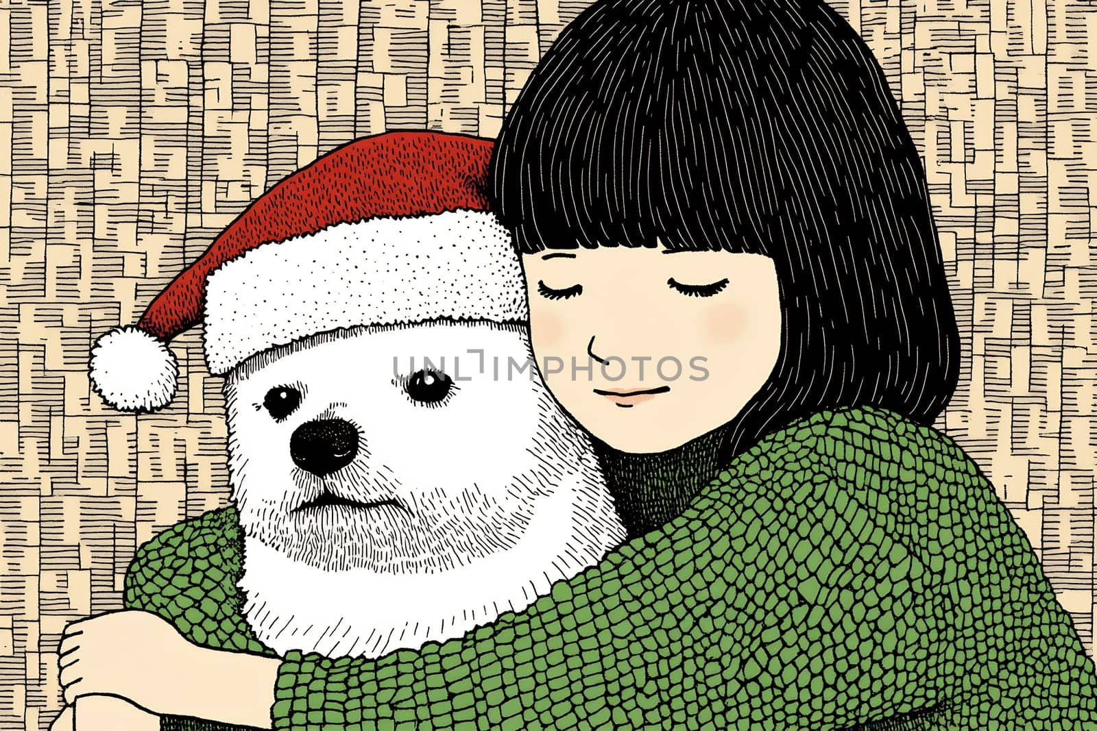 A young girl embraces her white dog, which is wearing a Santa hat, both enjoying a warm moment during the festive season.