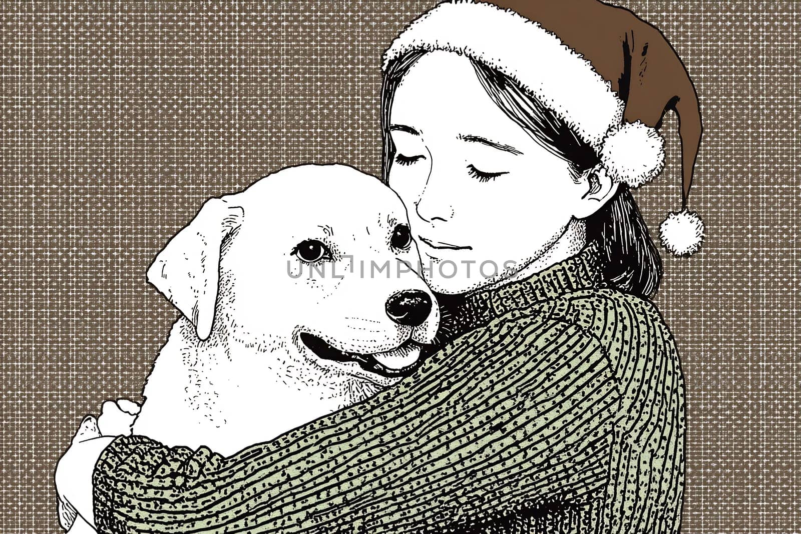 A girl wearing a holiday hat gently hugs her white dog, showcasing their bond in a cozy winter setting filled with warmth.