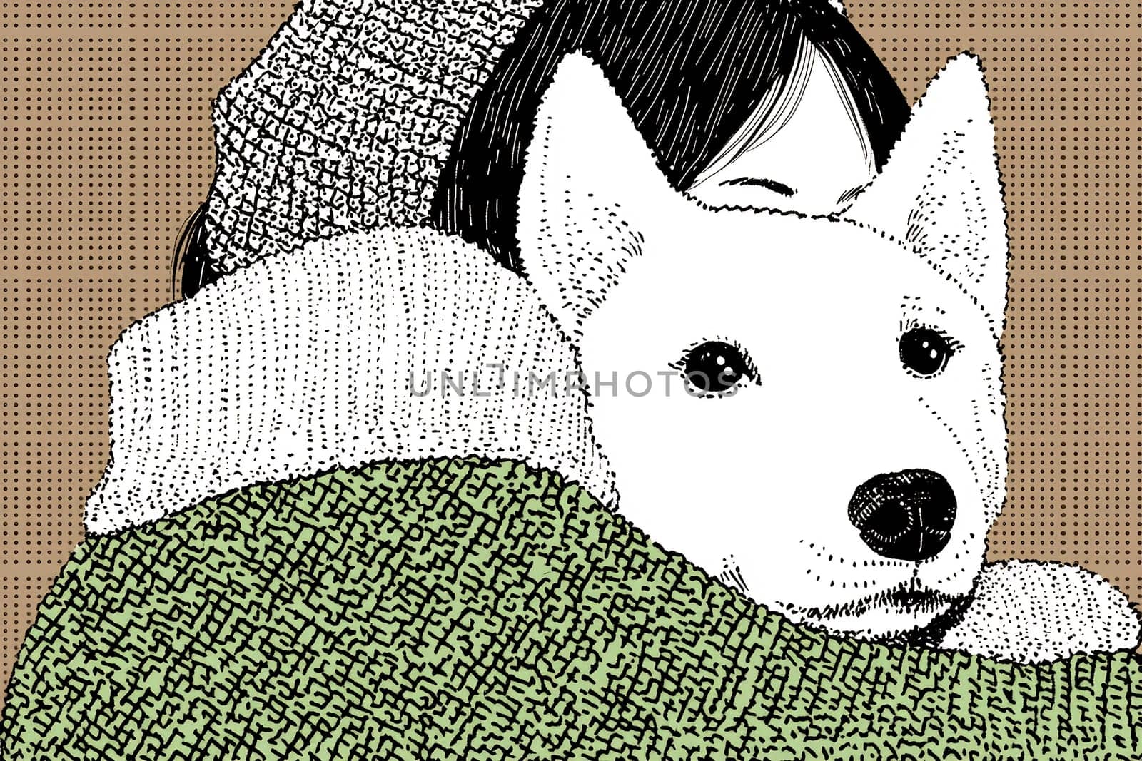 A woman cuddles her white dog, creating a warm and comforting atmosphere while wrapped in a green blanket indoors.