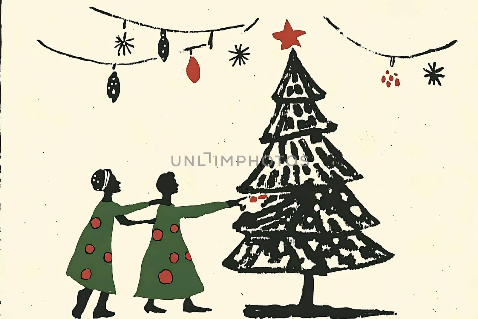 Two children joyfully place ornaments on a decorated Christmas tree while surrounded by festive decorations and string lights.
