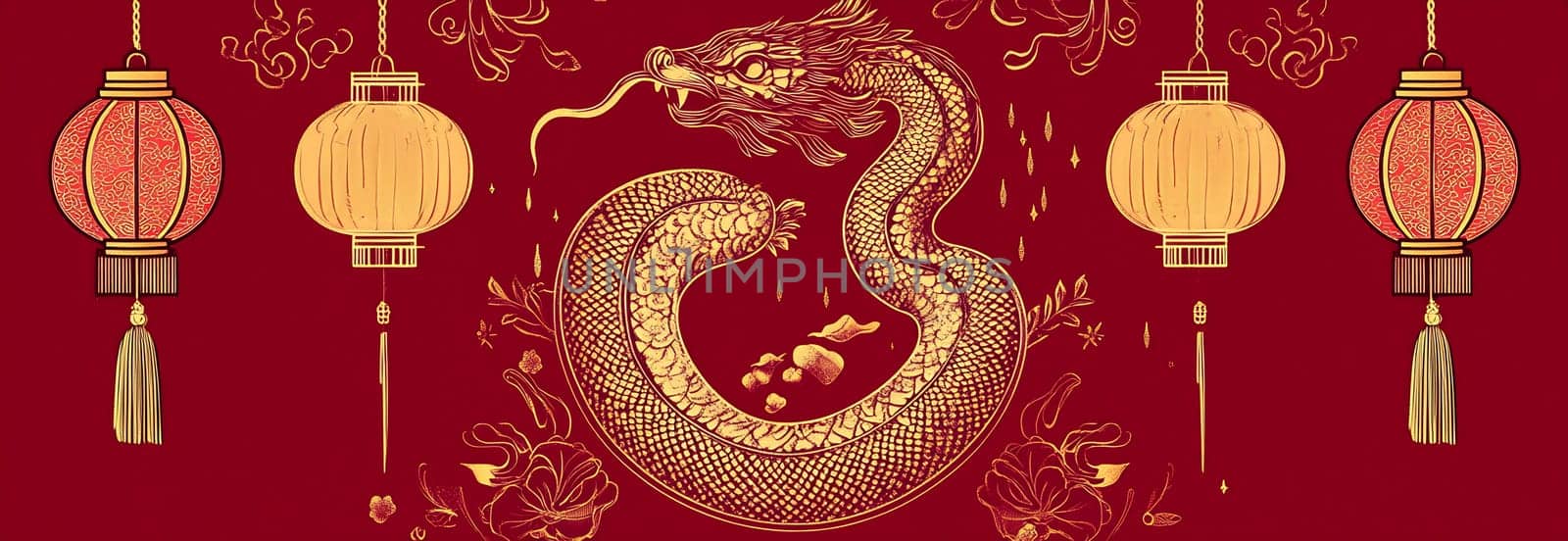 The striking dragon winds through a festive design, accented by glowing lanterns and intricate floral patterns on a red backdrop.