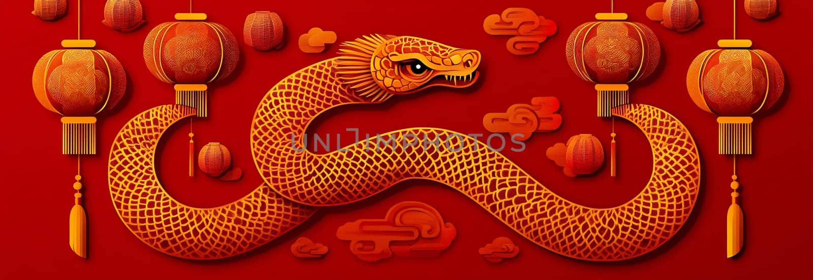 Golden snake artfully intertwined with decorative lanterns on a vibrant red background, celebrating cultural festivities and good fortune.