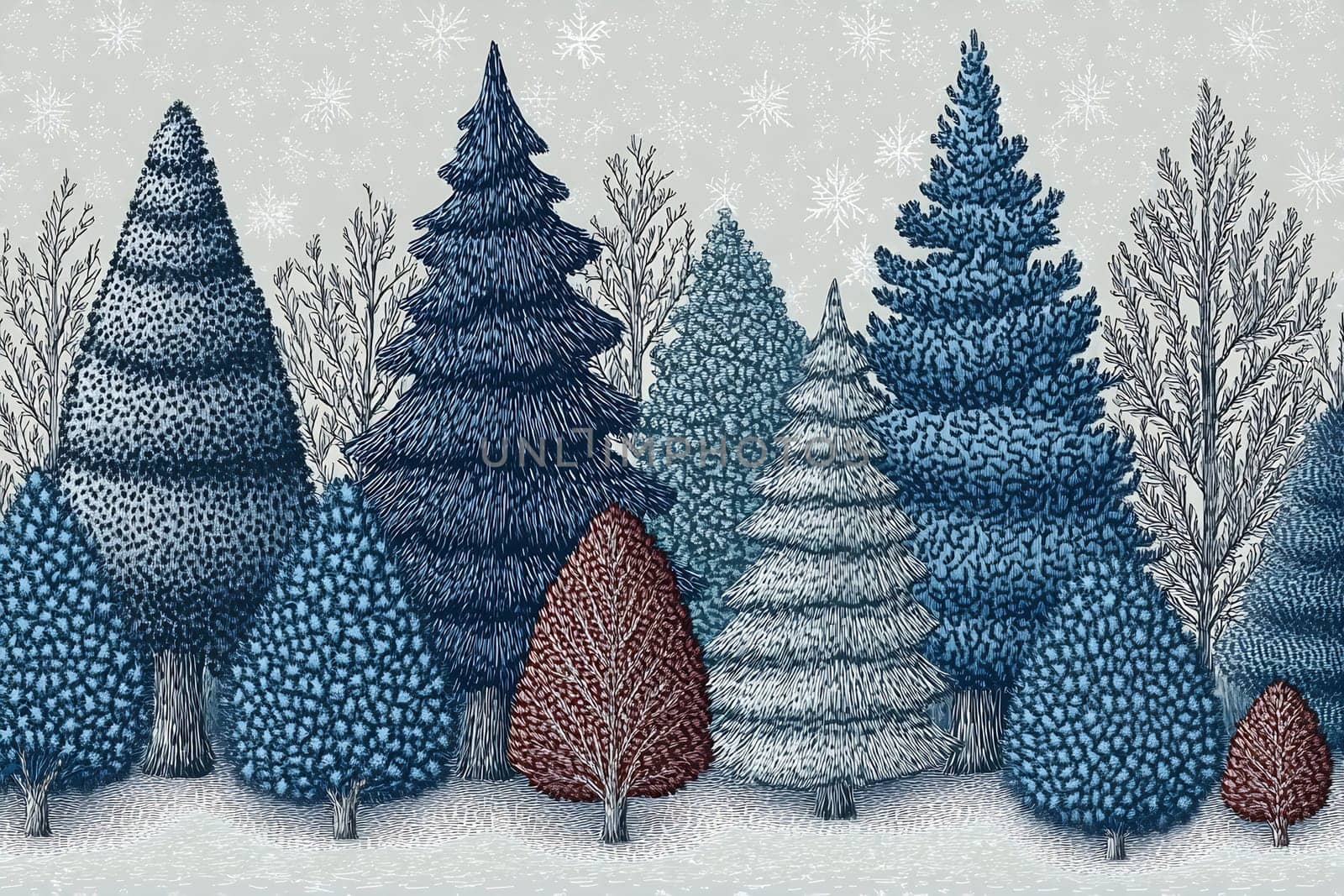 The artwork depicts a serene winter scene with different types of trees in blue and gray tones, enhancing the calm of the snowy atmosphere.