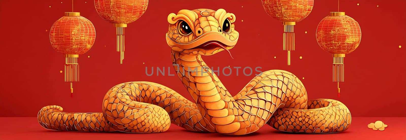 A vibrant orange snake is elegantly coiled among glowing lanterns, creating a festive atmosphere for the Lunar New Year celebration.