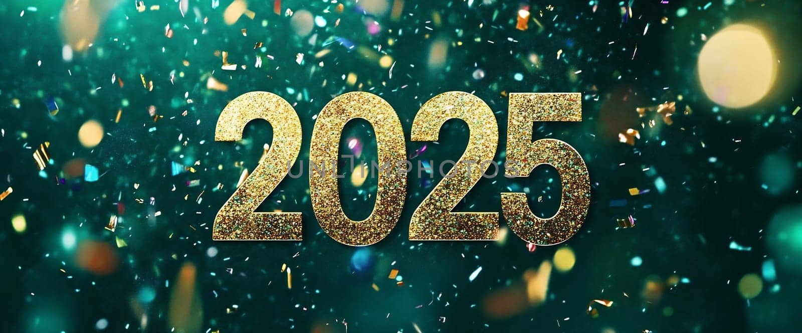 A dazzling display of golden 2025 amidst colorful confetti and bright lights, capturing the spirit of New Year's celebration.