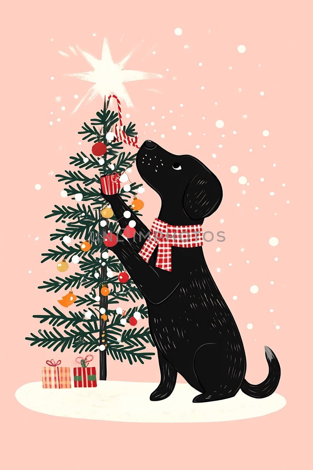 The black dog joyfully hangs ornaments on a Christmas tree, surrounded by gifts and falling snowflakes in a festive atmosphere.