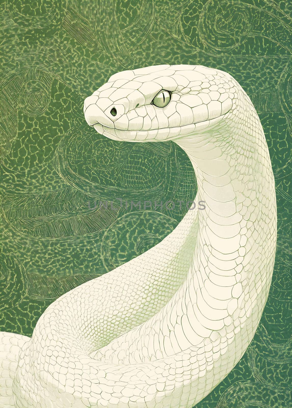 This artwork features a white snake gracefully coiled, highlighted against a soft green backdrop, emphasizing its intricate scale patterns.