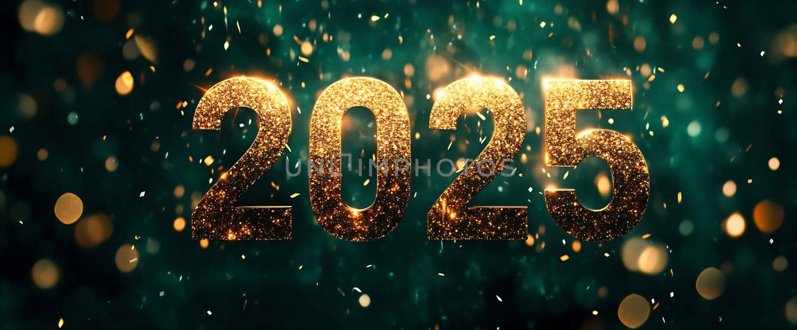 Golden numbers 2025 shimmer in a dark setting, surrounded by glimmering lights, perfect for welcoming the new year joyfully.