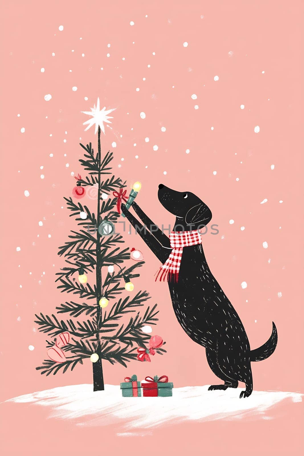 A cheerful dog engages in decorating a Christmas tree with colorful lights and ornaments amidst a festive winter background.