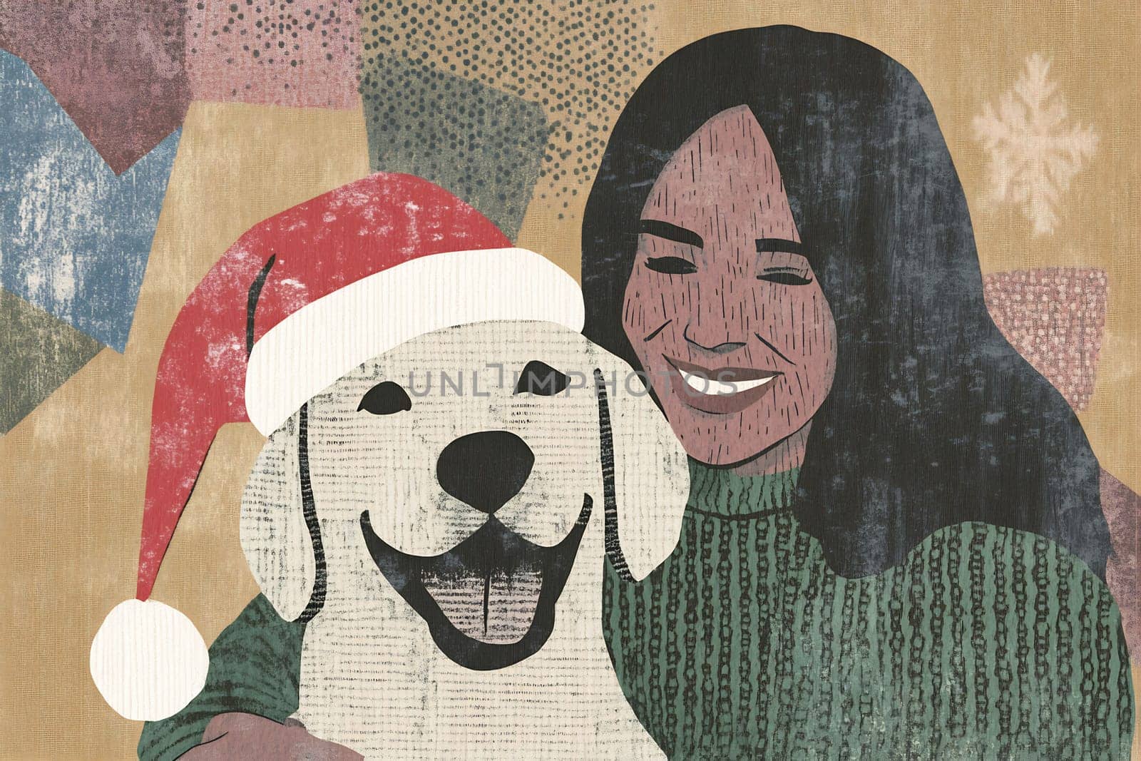 A woman smiles brightly while holding her cheerful golden retriever, both celebrating the festive spirit of the holiday season.