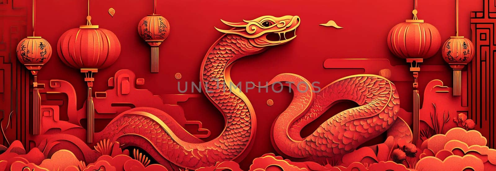 The intricate design features a golden snake intertwined with red clouds and lanterns, symbolizing a festive atmosphere.