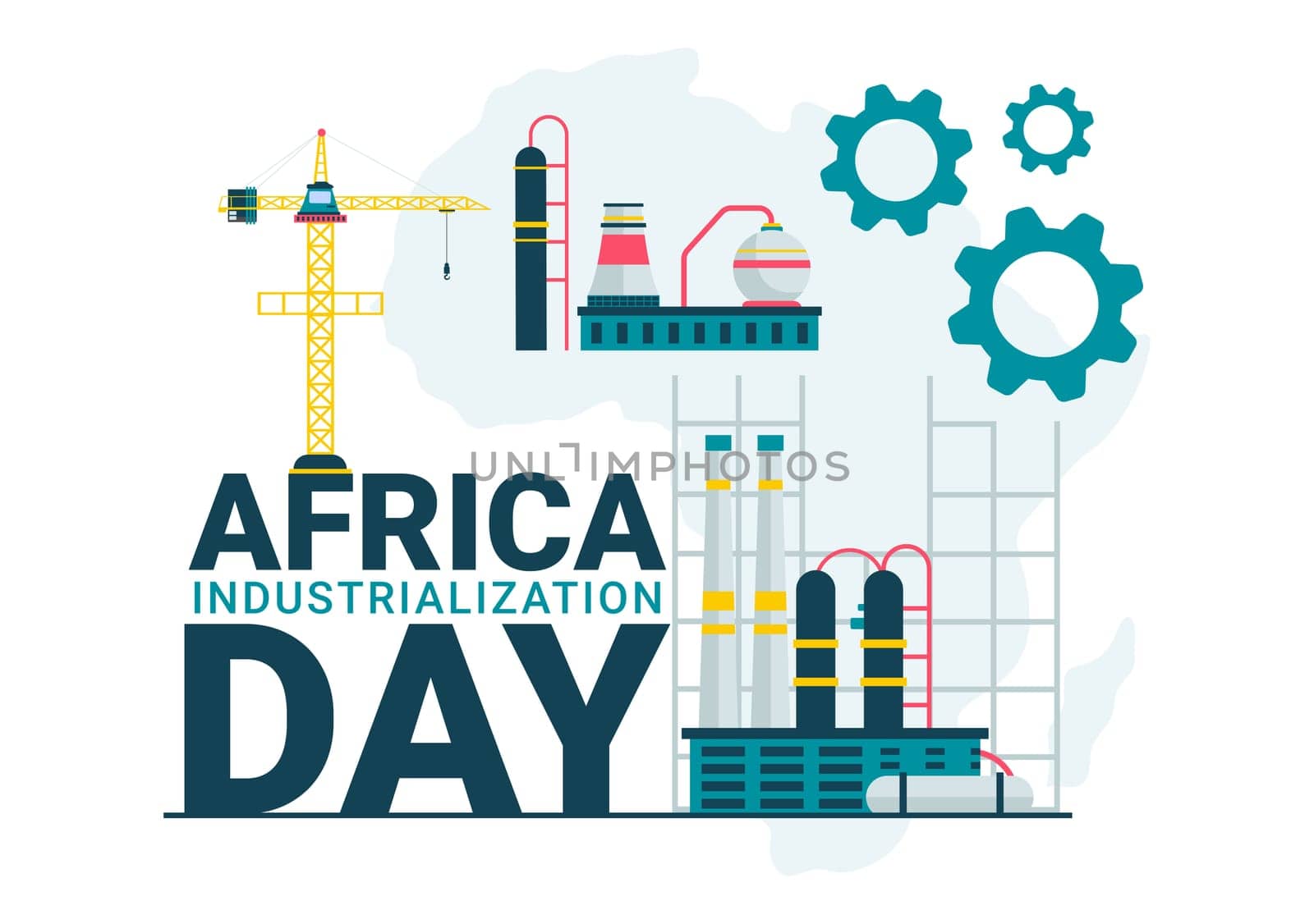 African Industrialization Day Vector Illustration of a Factory Building with Chimneys Operating in the City Center, Set in a Flat Style Background
