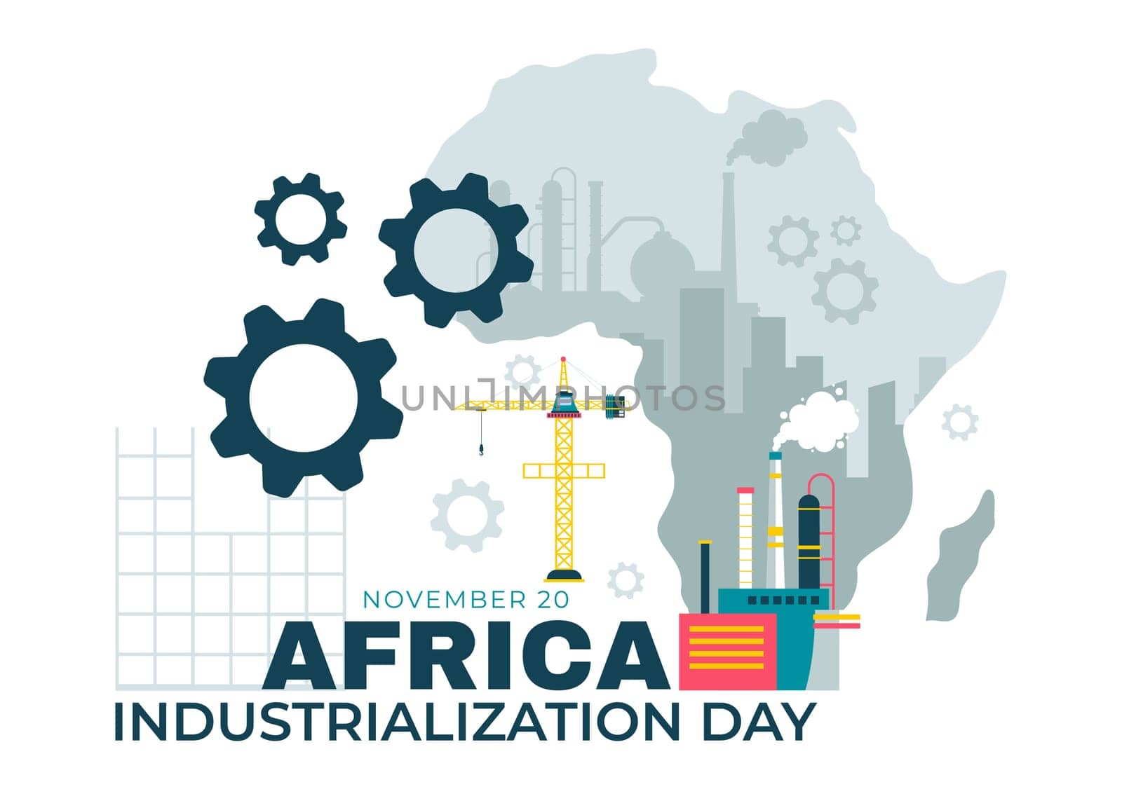African Industrialization Day Vector Illustration of a Factory Building with Chimneys Operating in the City Center, Set in a Flat Style Background