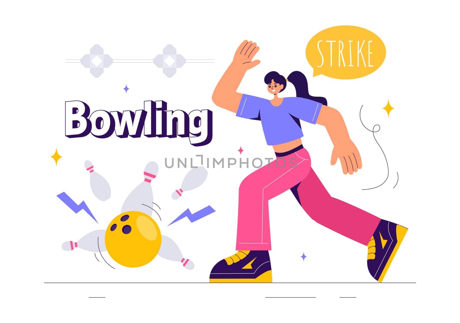 Vector illustration of a Bowling Game with People Throwing Balls, Featuring Pins, Ball, and Scoreboards in a Sport Club and Fun of a Bowling Match