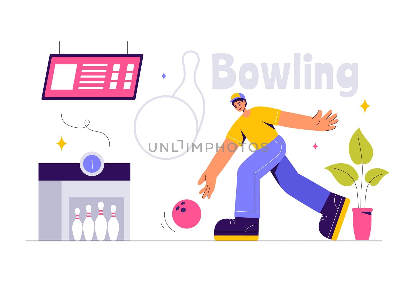 Vector illustration of a Bowling Game with People Throwing Balls, Featuring Pins, Ball, and Scoreboards in a Sport Club and Fun of a Bowling Match