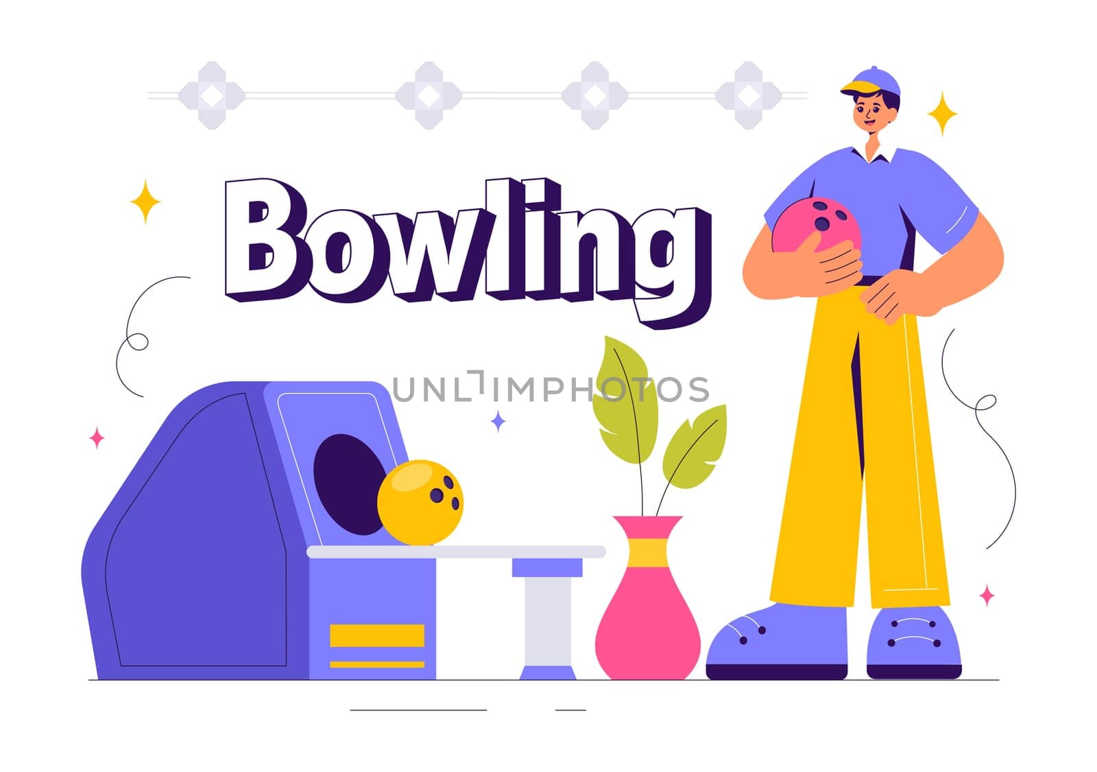 Vector illustration of a Bowling Game with People Throwing Balls, Featuring Pins, Ball, and Scoreboards in a Sport Club and Fun of a Bowling Match