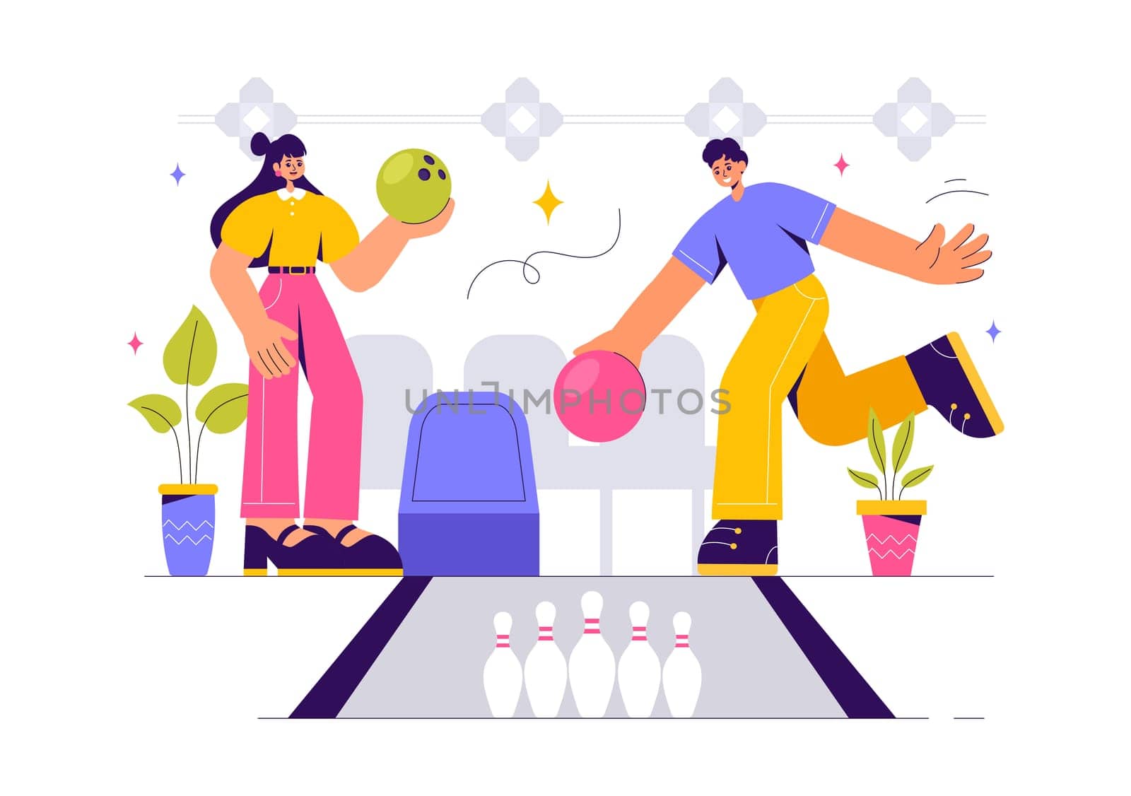 Vector illustration of a Bowling Game with People Throwing Balls, Featuring Pins, Ball, and Scoreboards in a Sport Club and Fun of a Bowling Match