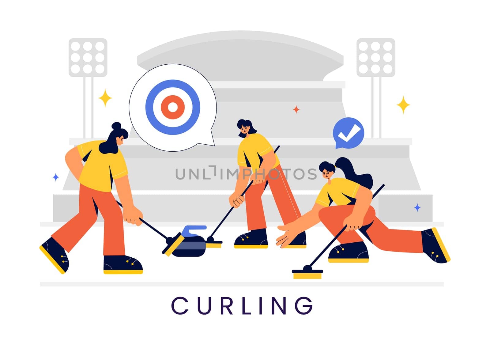 Curling Sport Vector Illustration featuring a Team Playing the Game with Rocks and Brooms on a Rectangular Ice Rink in a Championship in a Background
