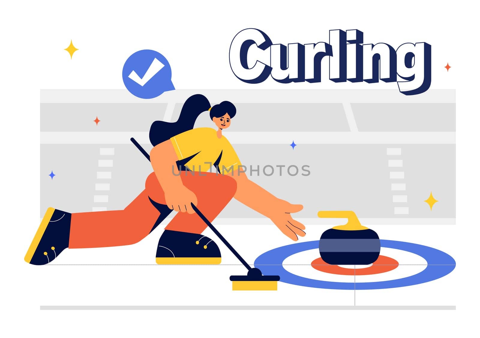 Curling Sport Vector Illustration featuring a Team Playing the Game with Rocks and Brooms on a Rectangular Ice Rink in a Championship in a Background