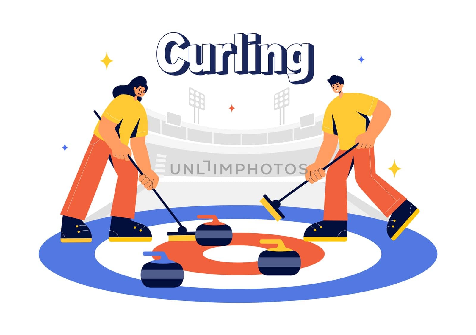 Curling Sport Vector Illustration featuring a Team Playing the Game with Rocks and Brooms on a Rectangular Ice Rink in a Championship in a Background