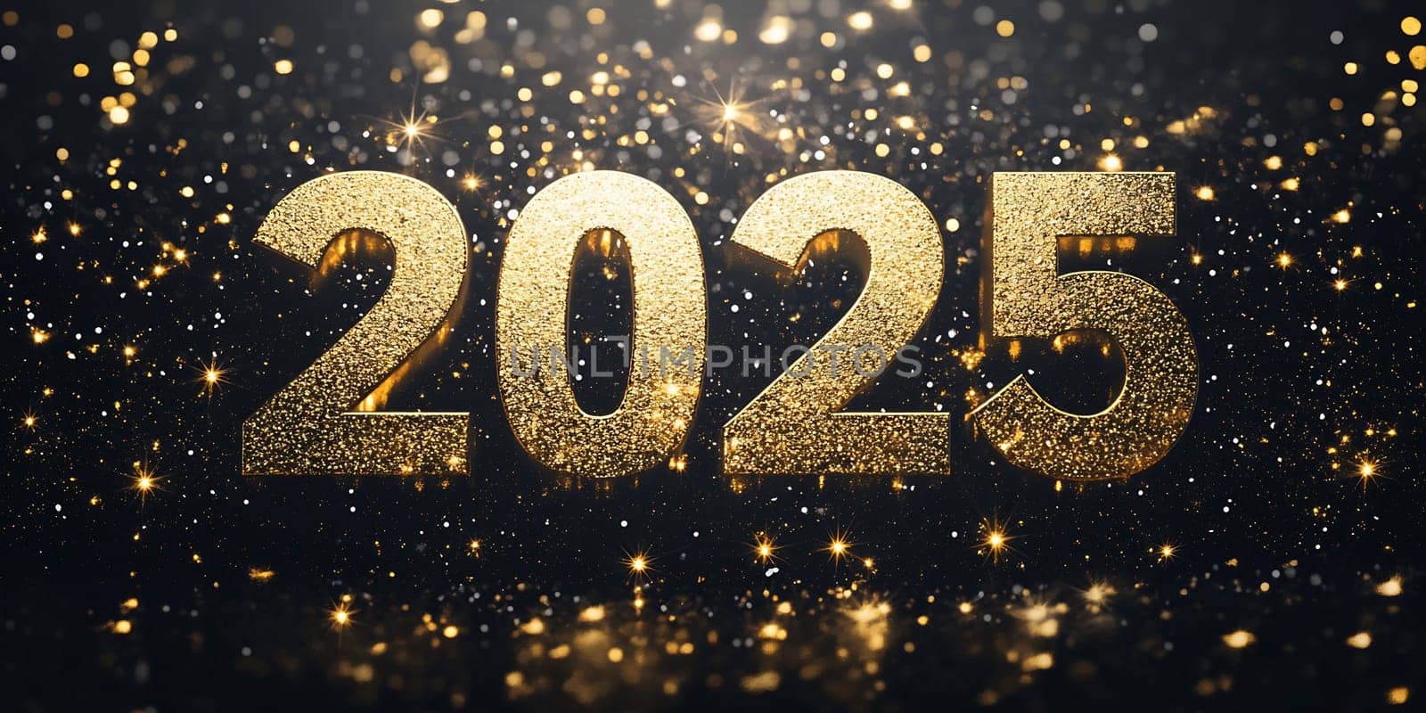 The sparkling numbers 2025 are highlighted against a backdrop of shimmering golden lights, creating a festive celebration atmosphere.