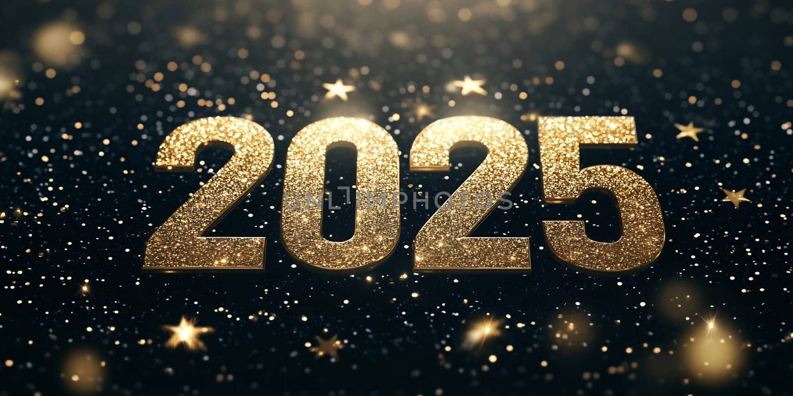 Glittering numbers 2025 shine brightly, surrounded by sparkling stars on a dark background, perfect for New Year's celebrations.