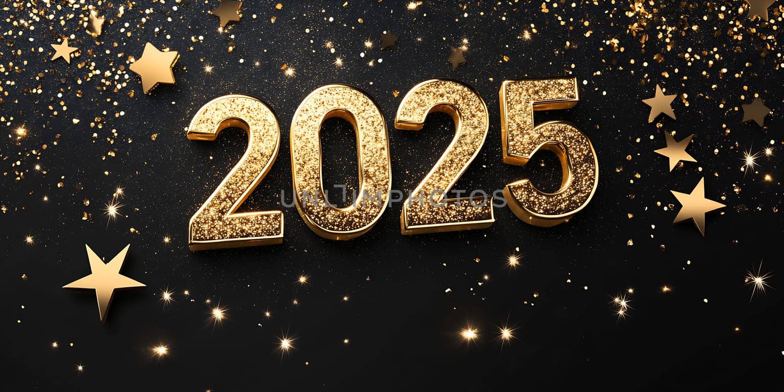 The year 2025 is displayed in glittering gold with stars and sparkles enhancing the celebratory atmosphere.