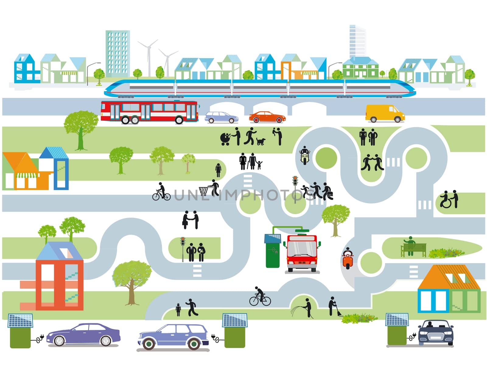 City overview with traffic and houses, information illustration