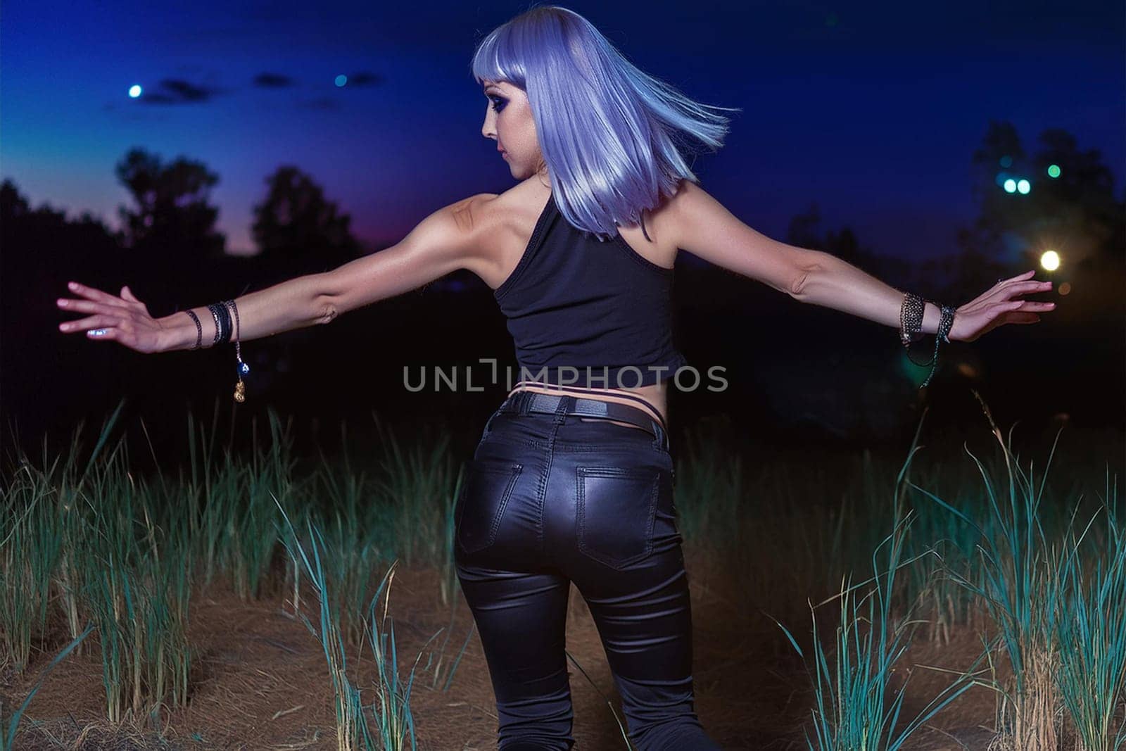 Young woman with lilac hair dancing during an outdoor party at night.