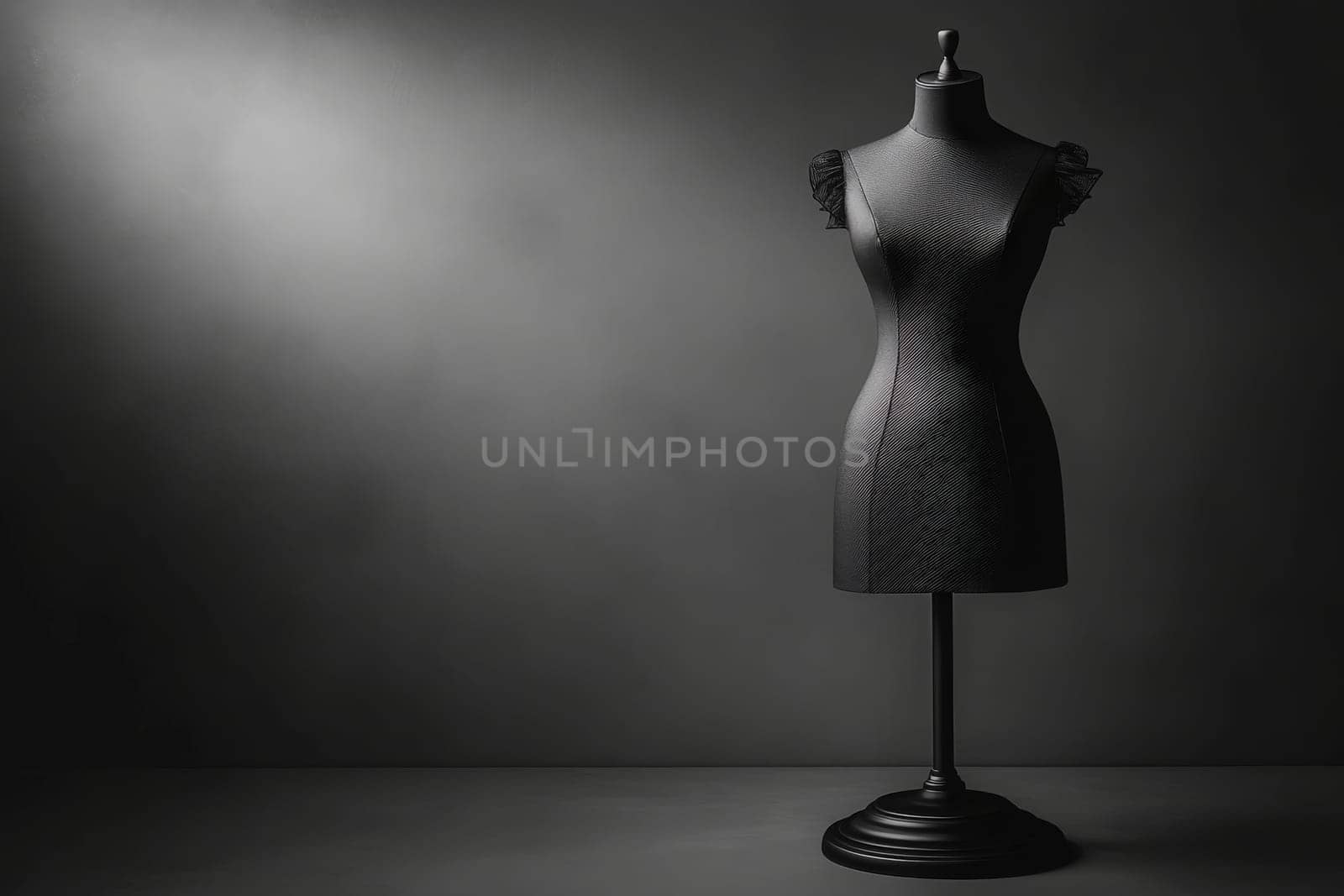 A stylish dress form stands alone in a clean, minimalist setting, illuminated against a dark backdrop, showcasing its elegant silhouette. This design emphasizes simplicity and sophistication.