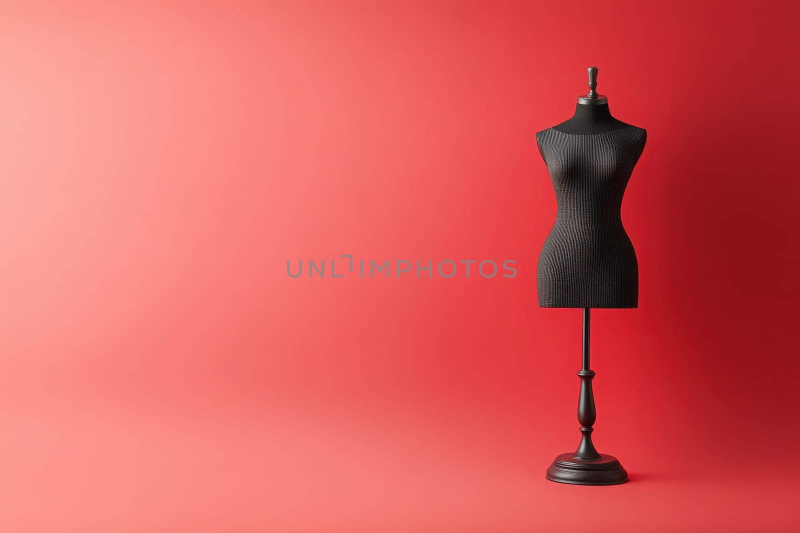 A sleek black dress form stands elegantly against a bold red backdrop.