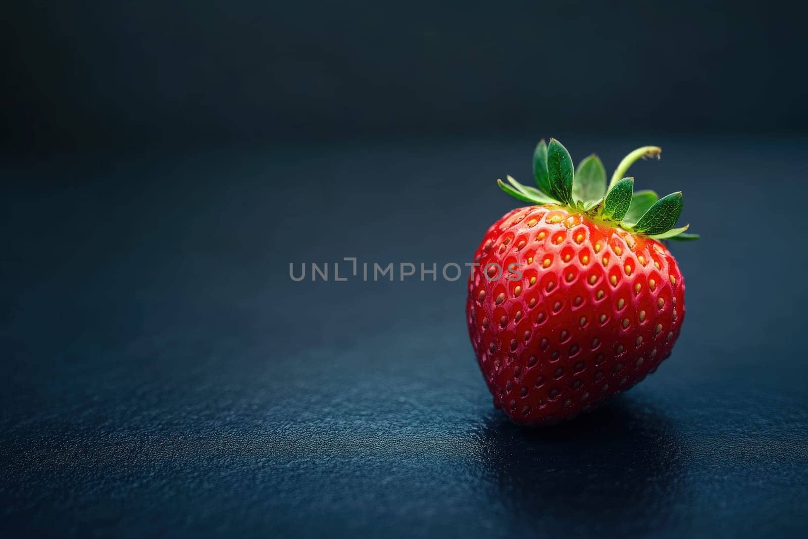 A single ripe strawberry rests elegantly on a dark surface, showcasing its bright red color and unique texture. The surrounding minimalism enhances its appeal, drawing focus to the fruits details.
