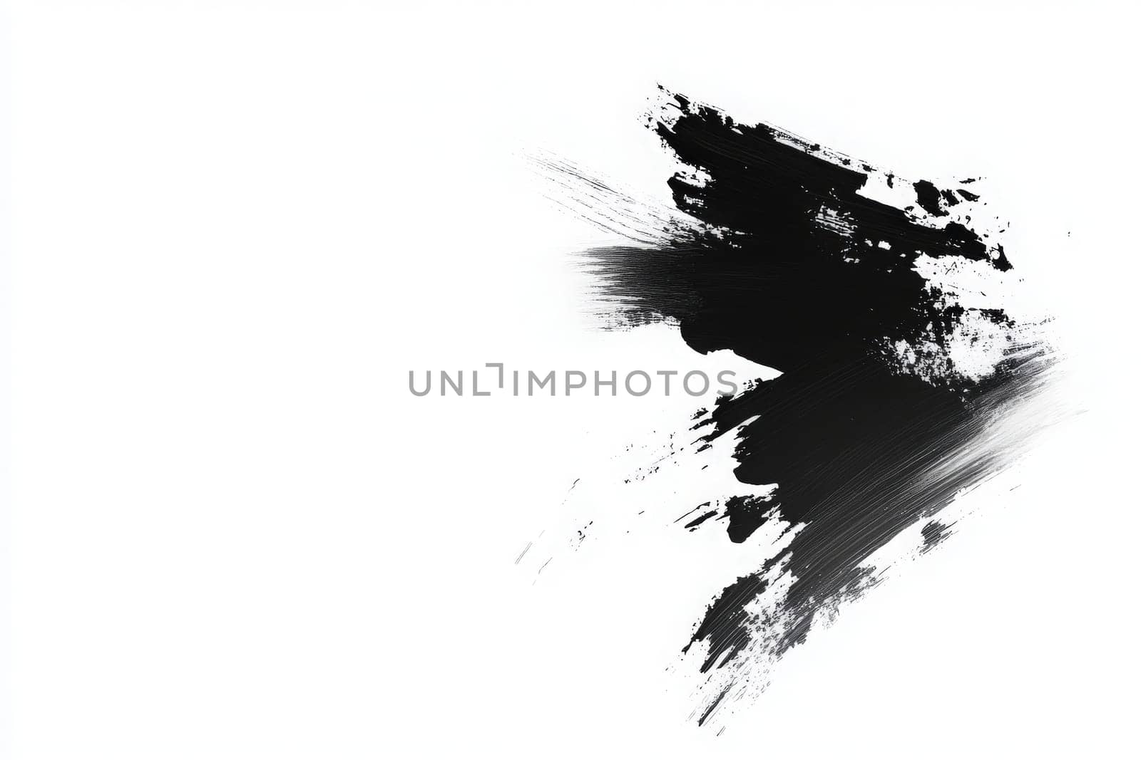 Bold black brush movements dance across a spotless white surface, creating an abstract composition filled with contrasting textures and evoking a sense of creativity and spontaneity.