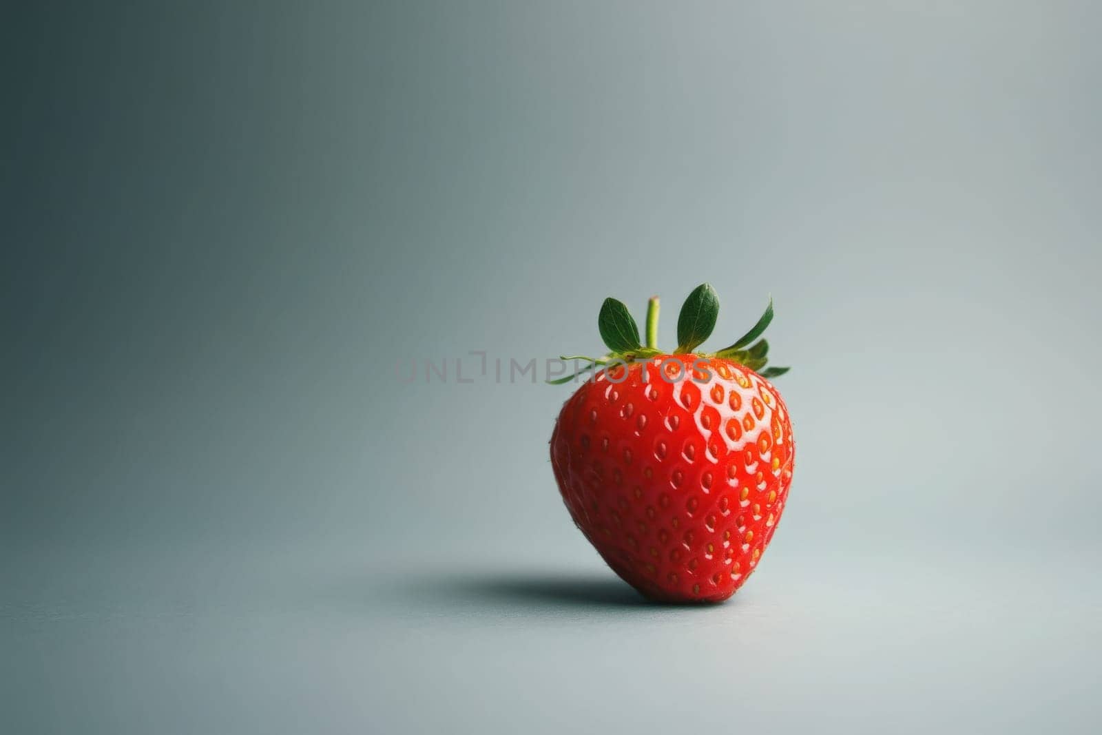 A single strawberry rests on a textured gray surface, showcasing its bright red color and natural sheen. The minimalist presentation emphasizes its fresh appeal and simplicity.
