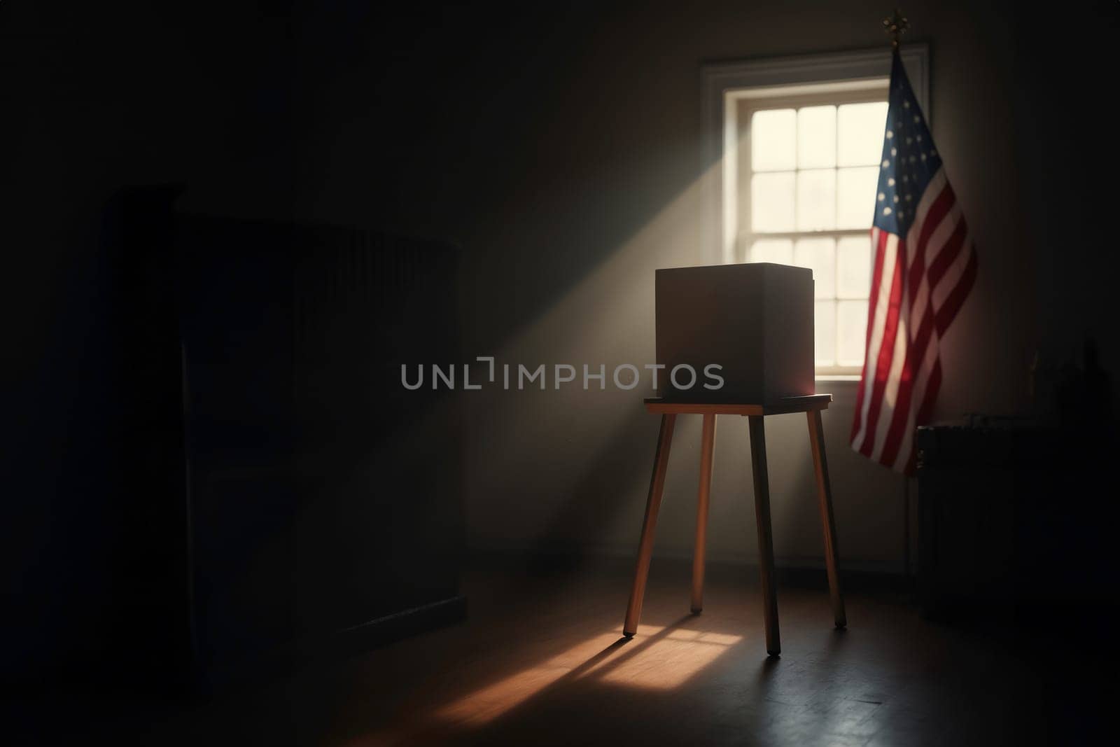 A voting booth illuminated by sunlight streaming through a window in a dim room, with an American flag in the background. Symbolizes voting and democracy.