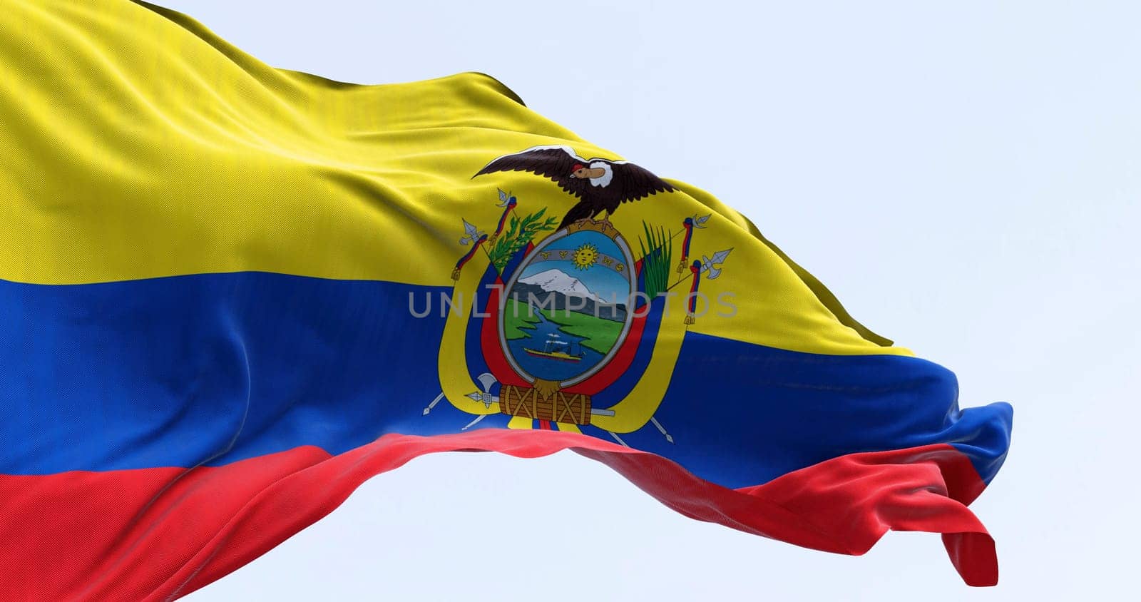 Close-up of Ecuador national flag waving in the wind on a clear day. The Republic of Ecuador is a presidential republic of South America. 3d illustration render. Fluttering fabric